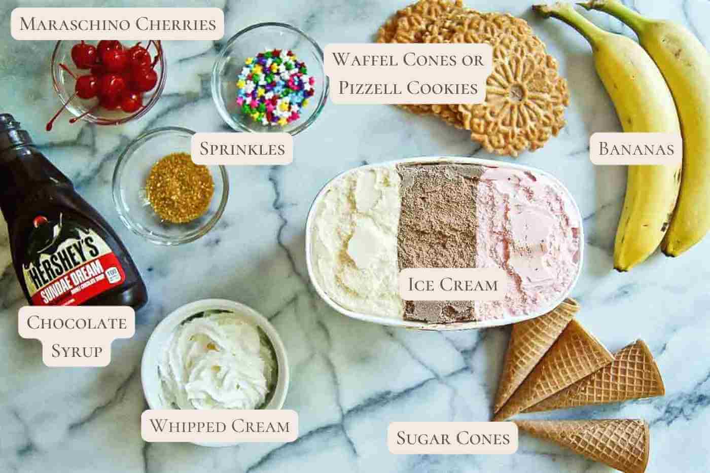 ingredients for ice cream nachos on countertop.
