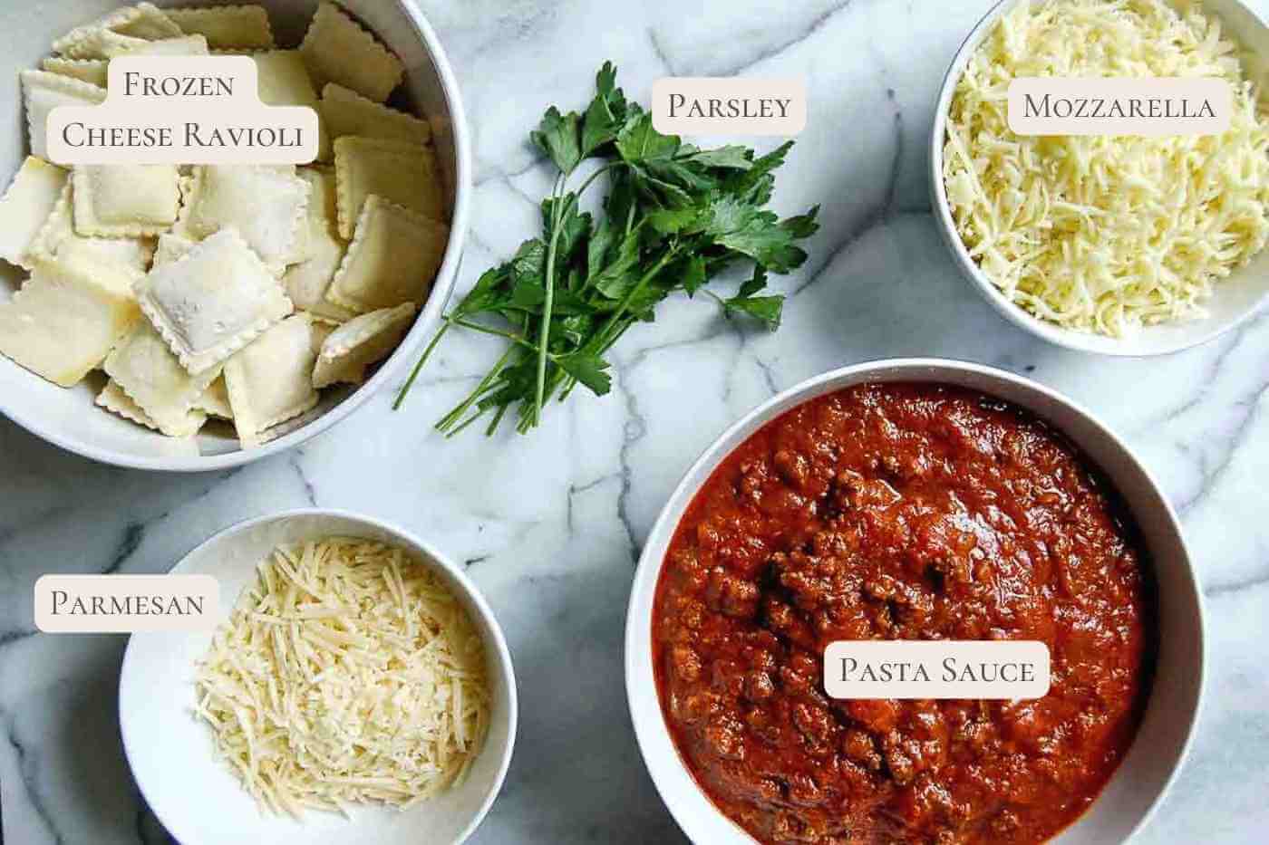 ingredients for lazy lasagna with frozen ravioli