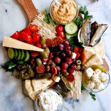 closeup of mediterranean charcuterie board.