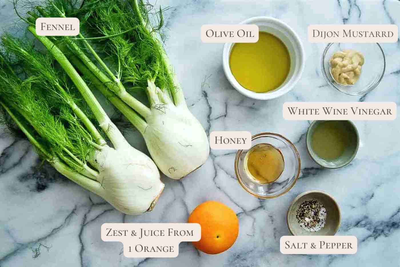 ingredients for roasted fennel salad with orange honey dressing.