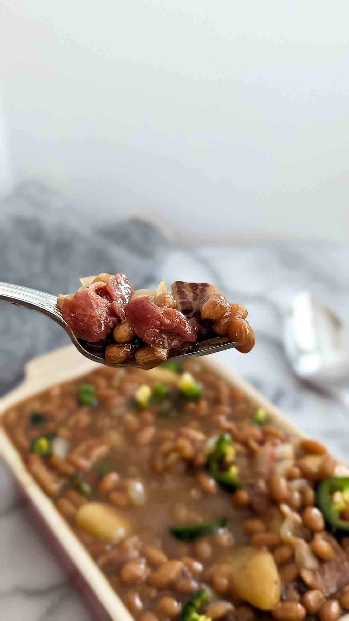 one bite of apple pie baked beans.