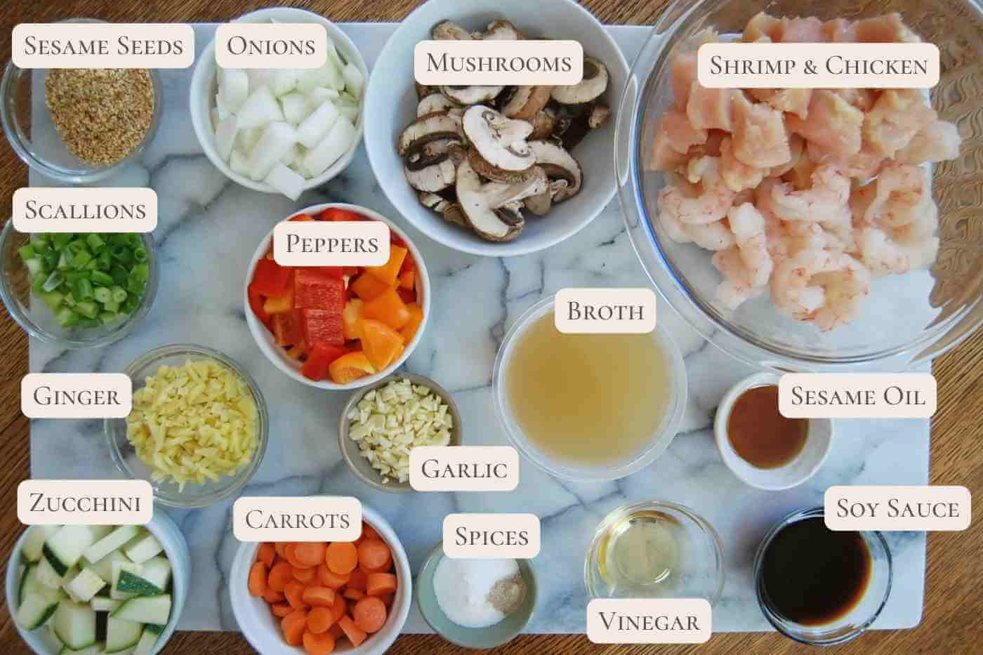 ingredients for chicken and shrimp stir fry.