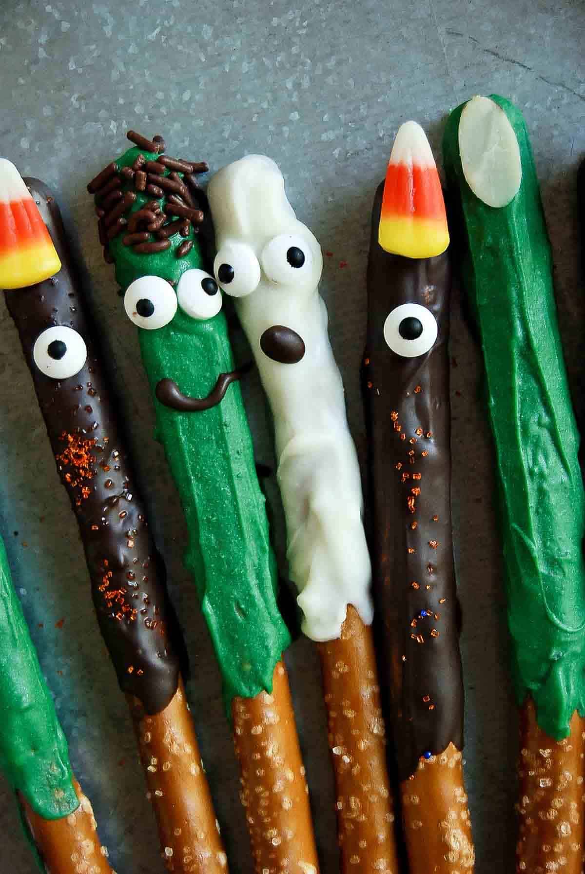 halloween pretzel rods on tray - witch fingers, monsters, ghosts and frankensteins.