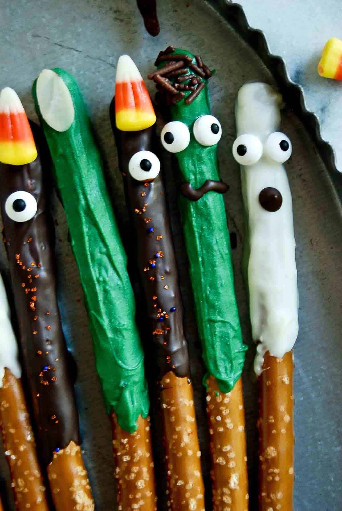 halloween pretzel rods on tray - witch fingers, monsters, ghosts and frankensteins.