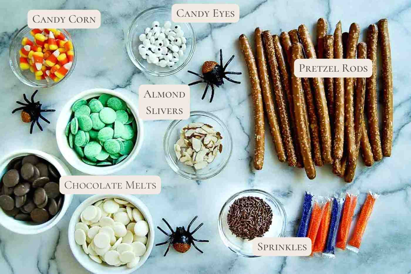 ingredients for halloween pretzel rods on countertop.