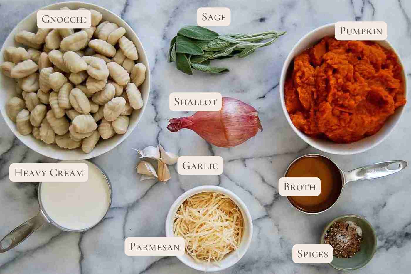 ingredients for pumpkin gnocchi sauce on cutting board.