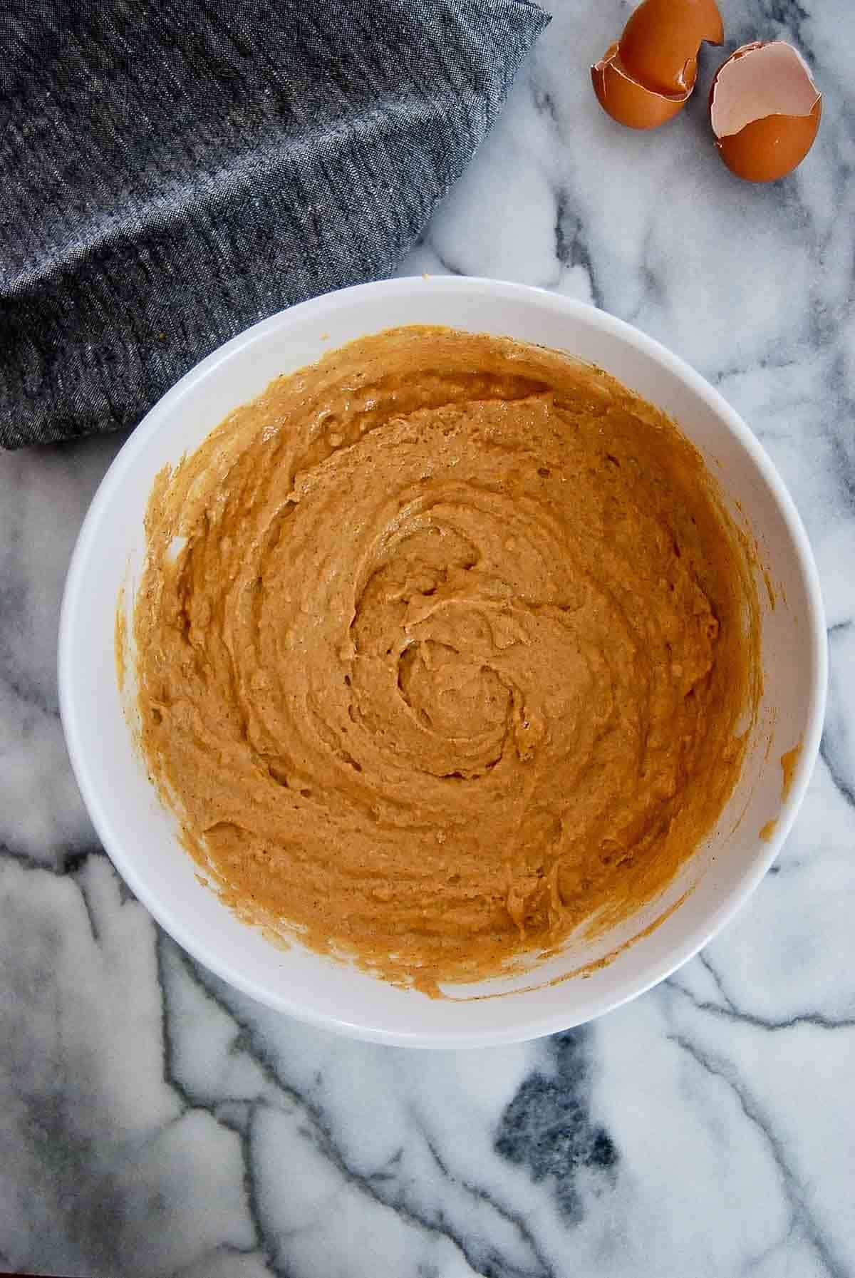 pumpkin pancake batter, made from pancake mix.