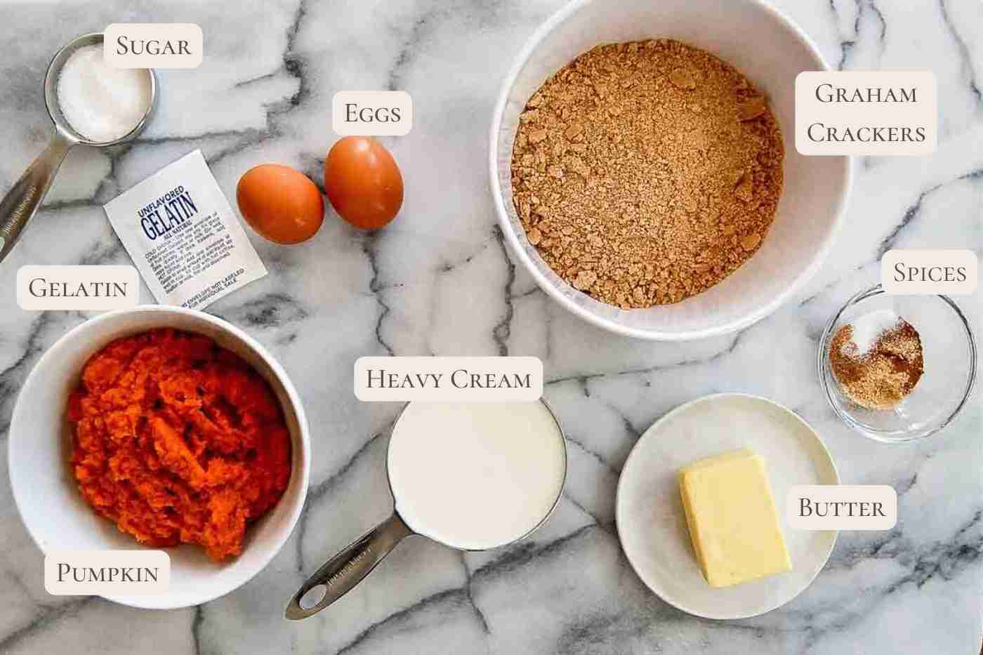 ingredients for pumpkin pie in a cup on countertop.