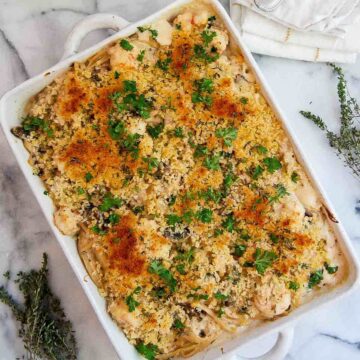 seafood tetrazzini in casserole dish on counter.