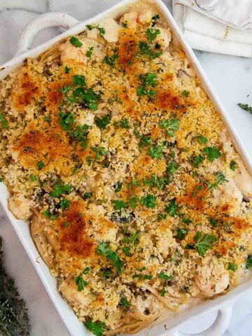 seafood tetrazzini in casserole dish on counter.