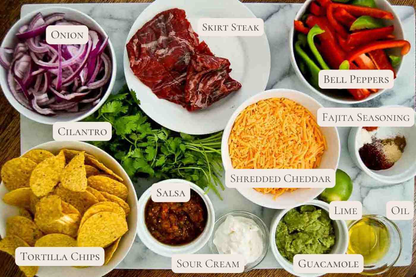 ingredients for skirt steak fajita nachos.