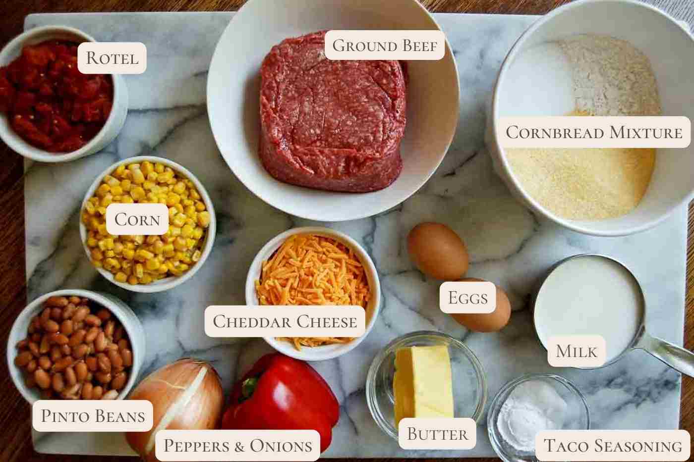 ingredients for cornbread cowboy casserole on countertop.