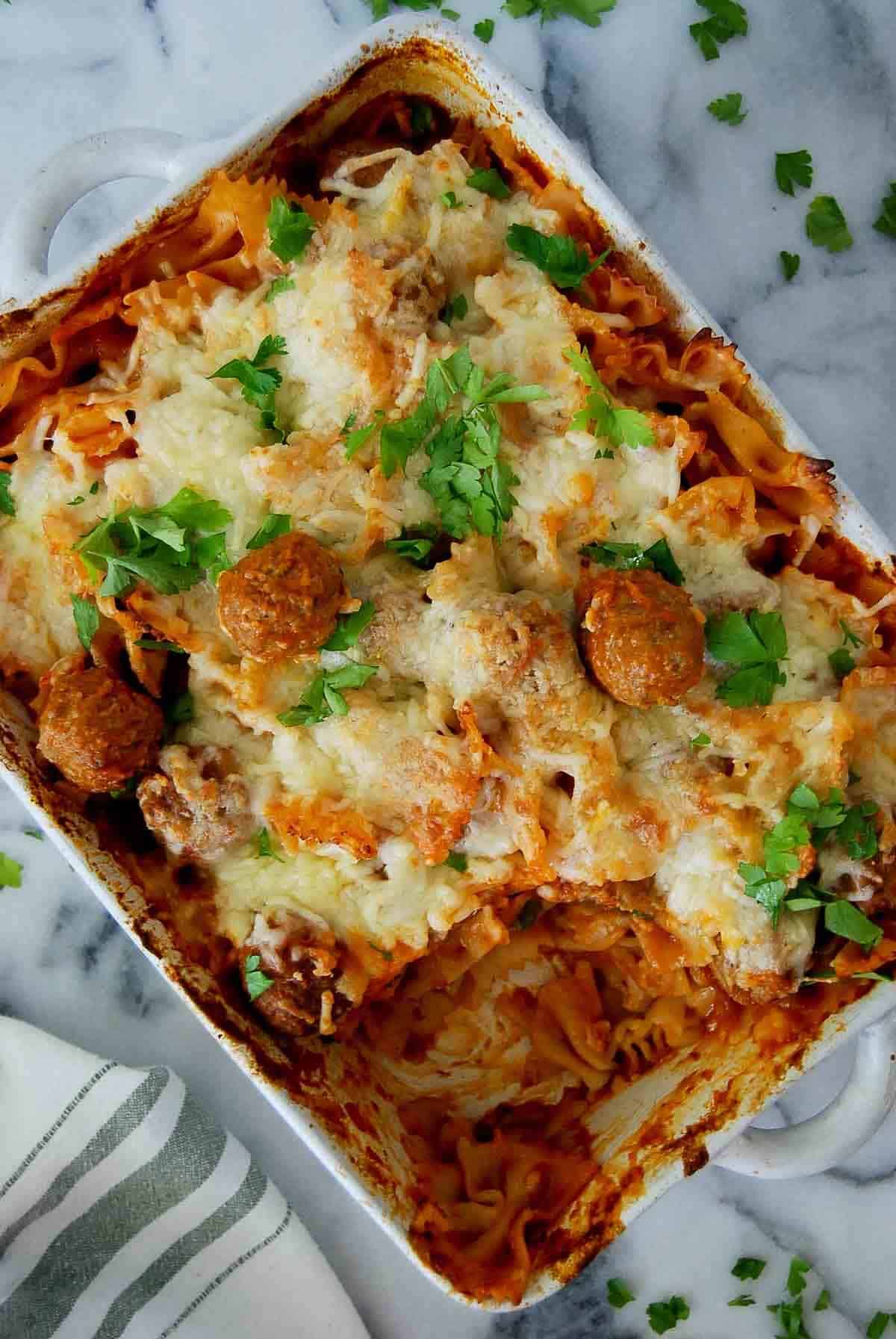 dump and bake meatball casserole with one serving removed.