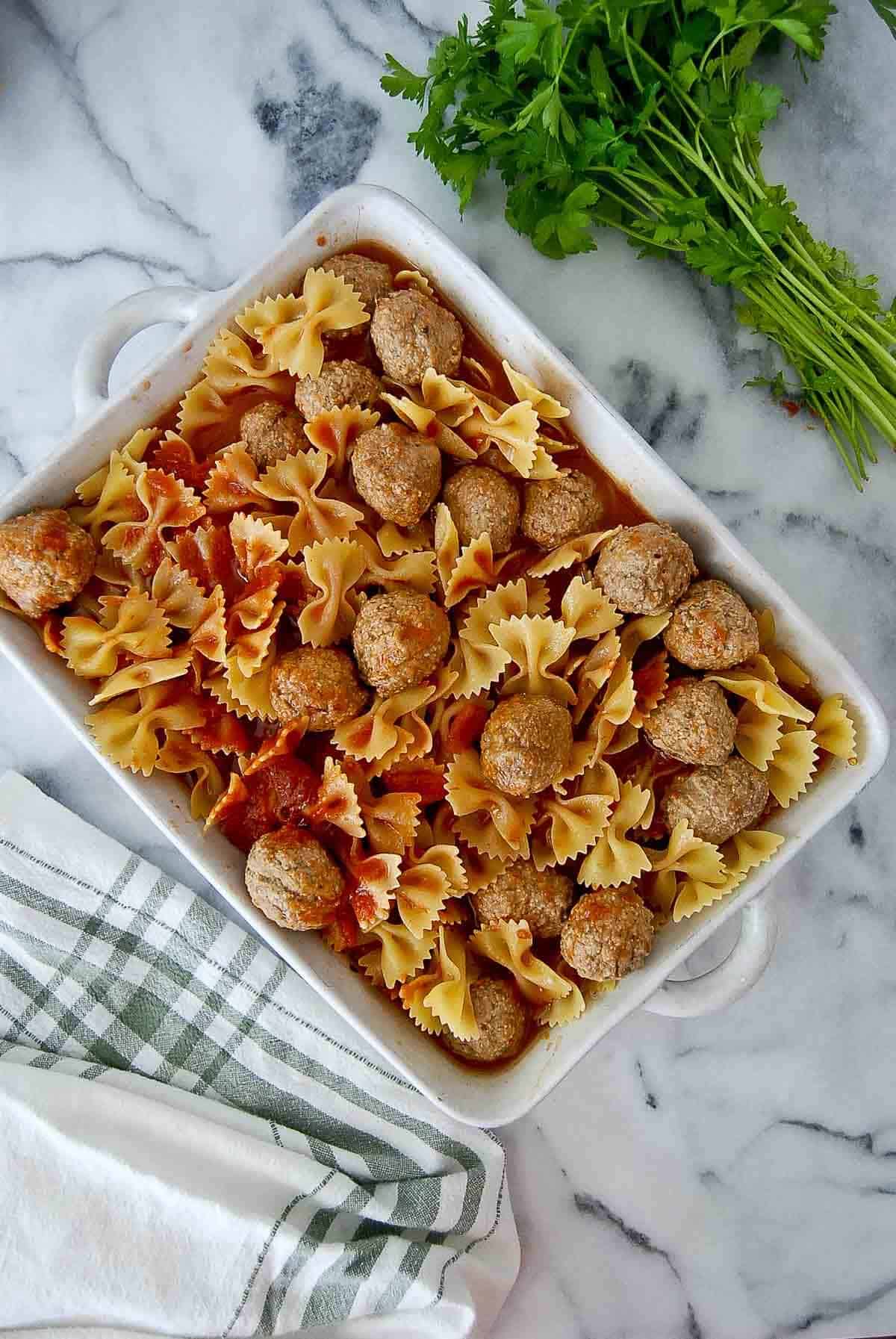 dump and bake casserole, uncooked, in baking dish on countertop.