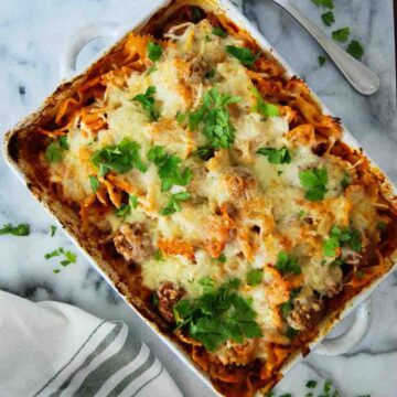 dump and bake meatball casserole in casserole dish on countertop.