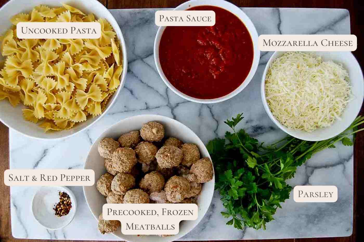 ingredients for dump and bake casserole, labeled, on countertop.