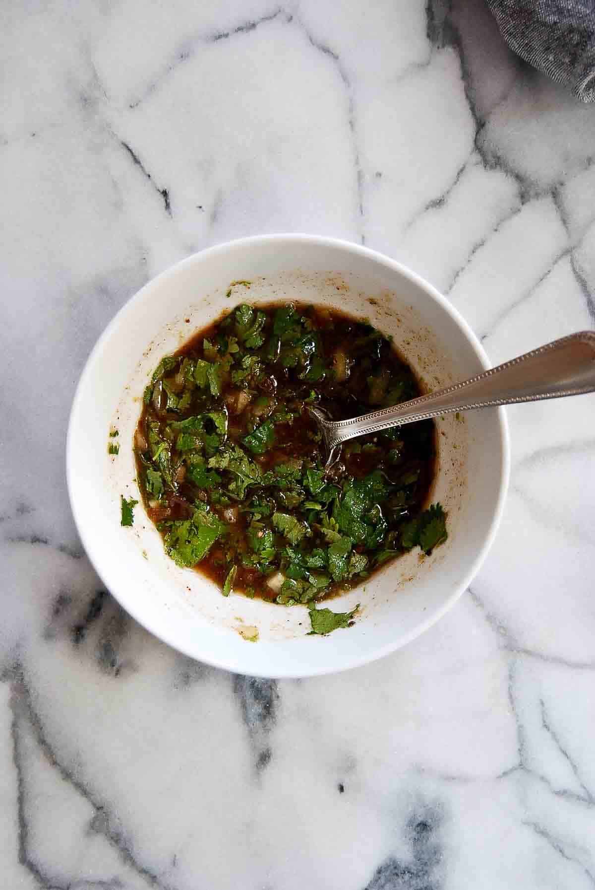 tequila lime marinade in bowl on countertop.