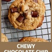 A close-up of a Chocolate Chip Walnut Cookie on a cooling rack, with gooey chocolate chunks and walnut pieces visible.