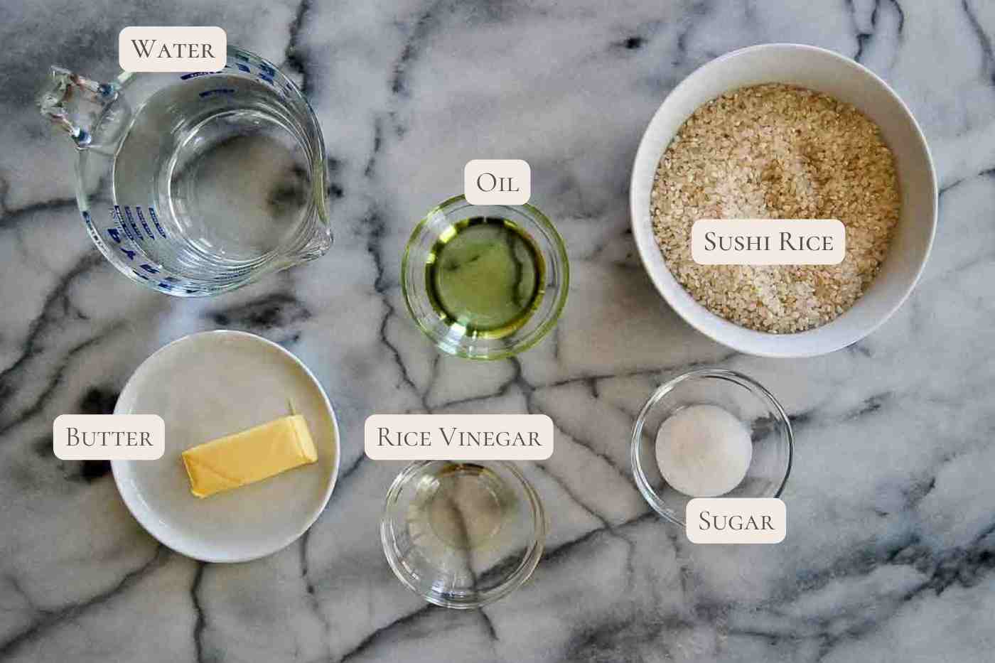 ingredients for crispy rice cakes on countertop.