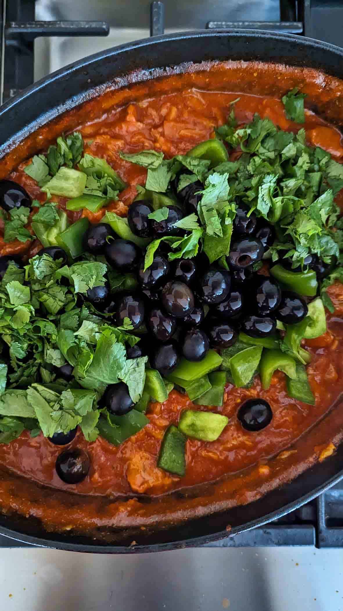 pastele stew with green pepper, black olives, and cilantro added.