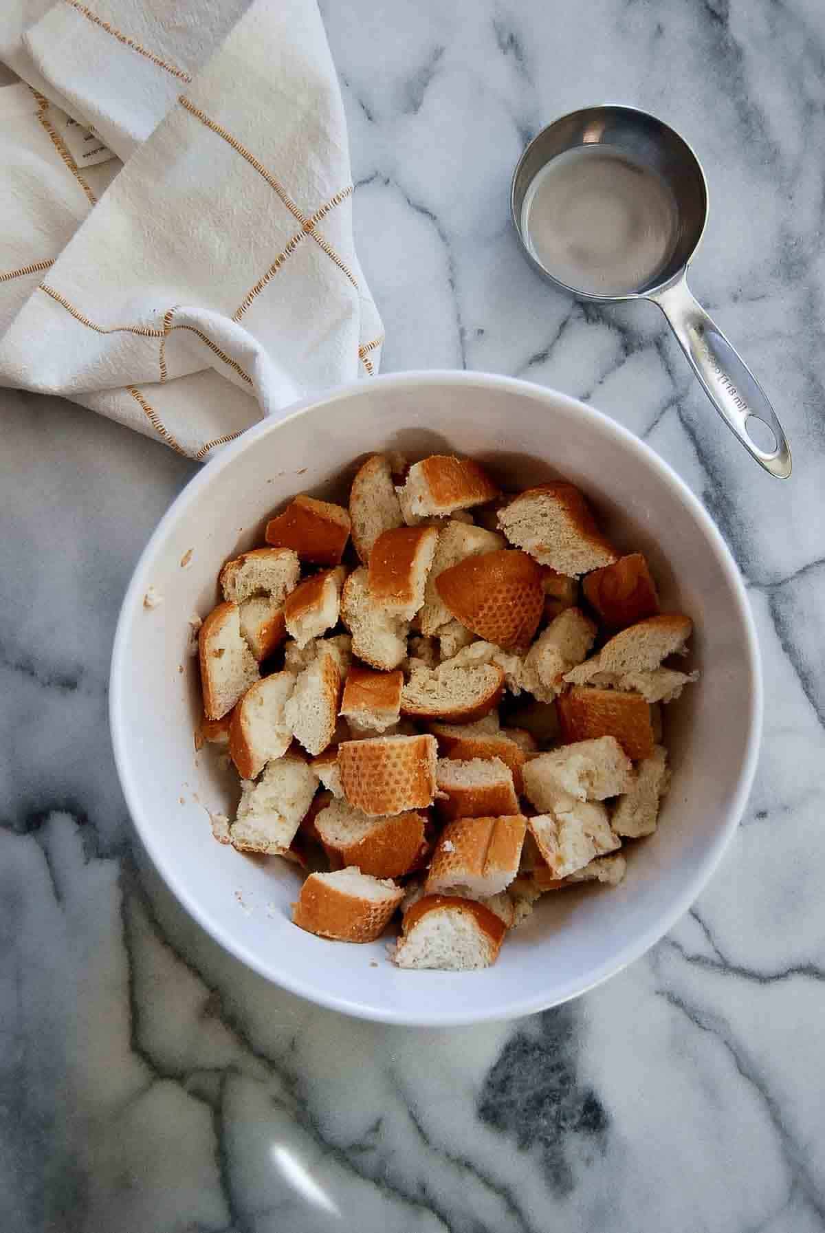 bread cubes soaking in milk.