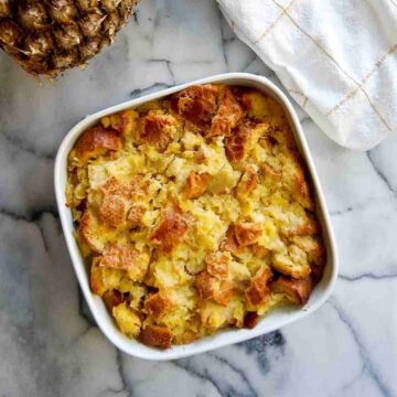 old-fashioned scalloped pineapple in baking dish.