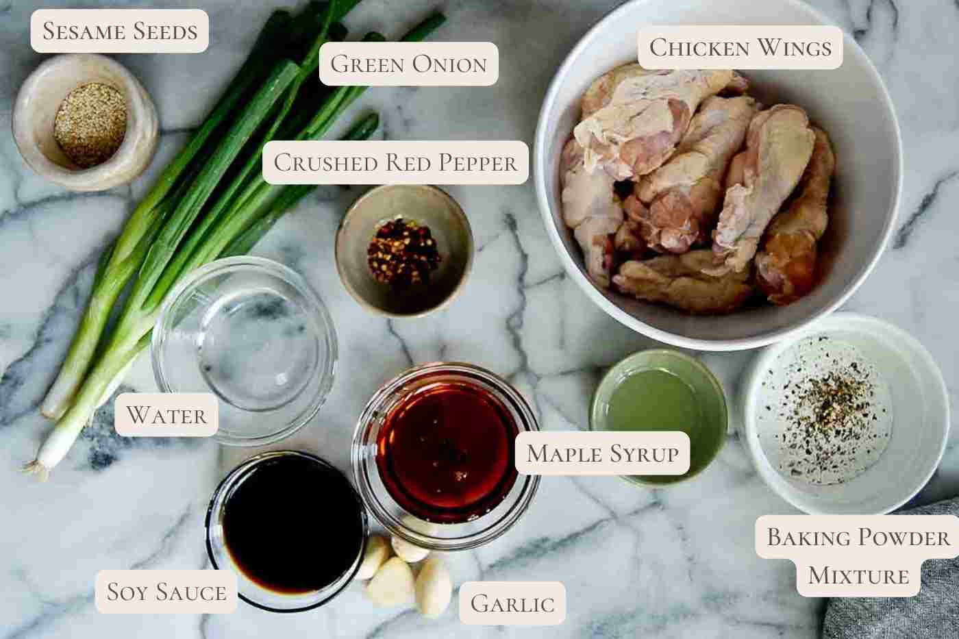 ingredients for soy garlic chicken wings on countertop.