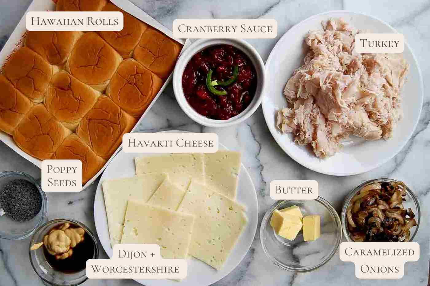 ingredients for turkey cranberry sliders on countertop.