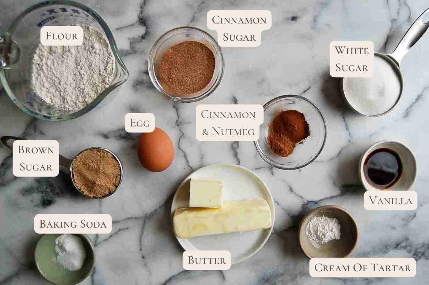 ingredients for chewy snickerdoodle bars on countertop.