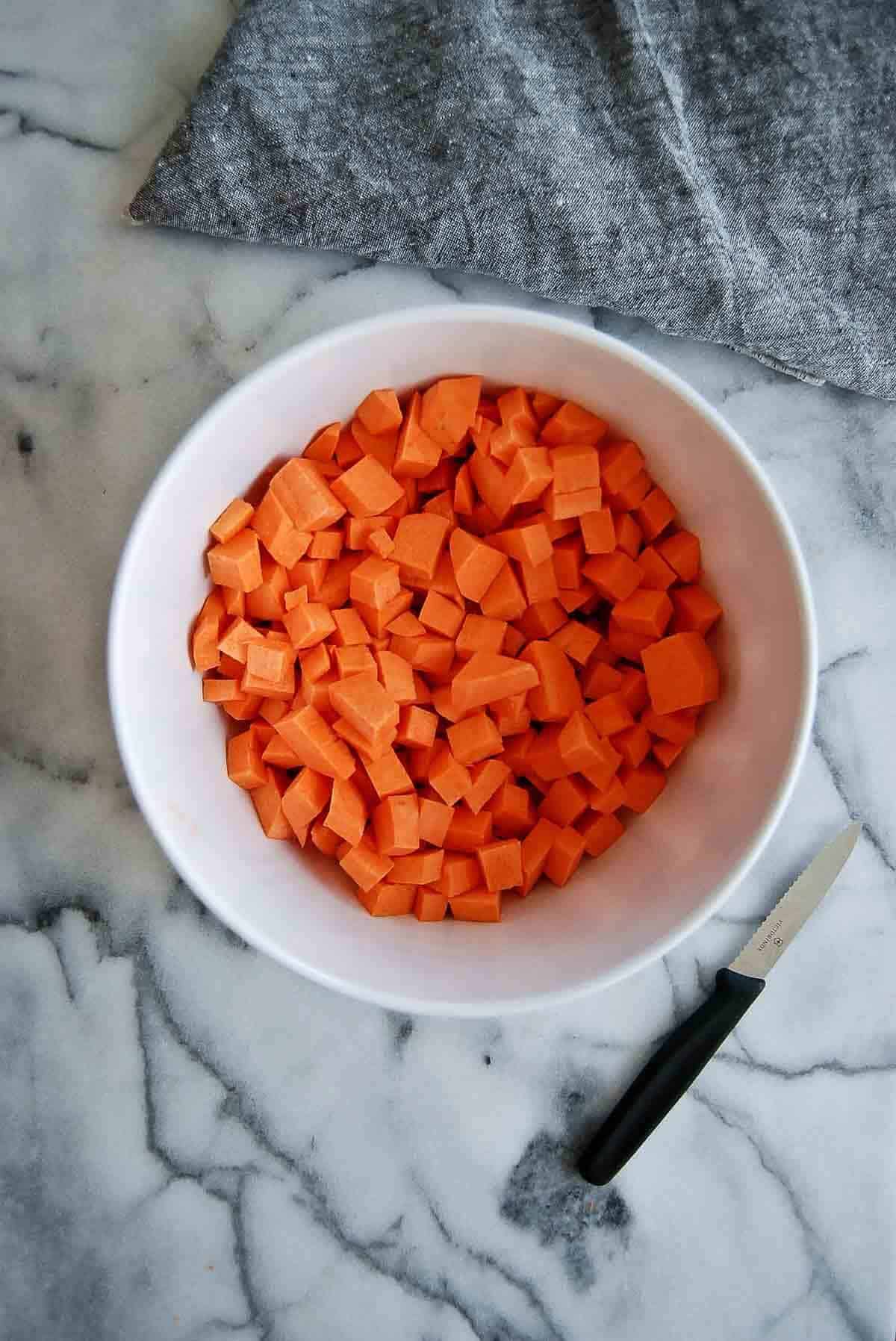 sweet potato cubes in bowl.