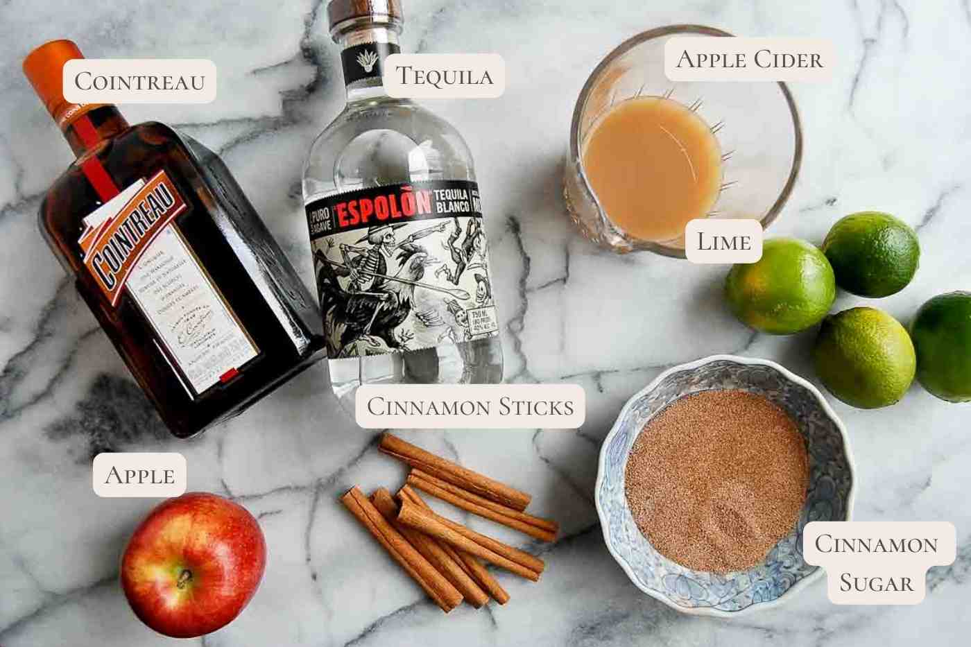 ingredients for apple cider margaritas on countertop.