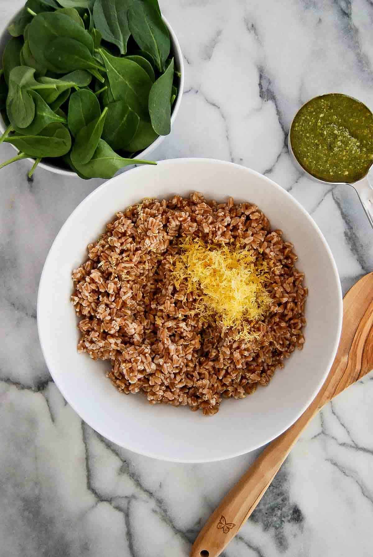 cooked farro with lemon zest and juice.