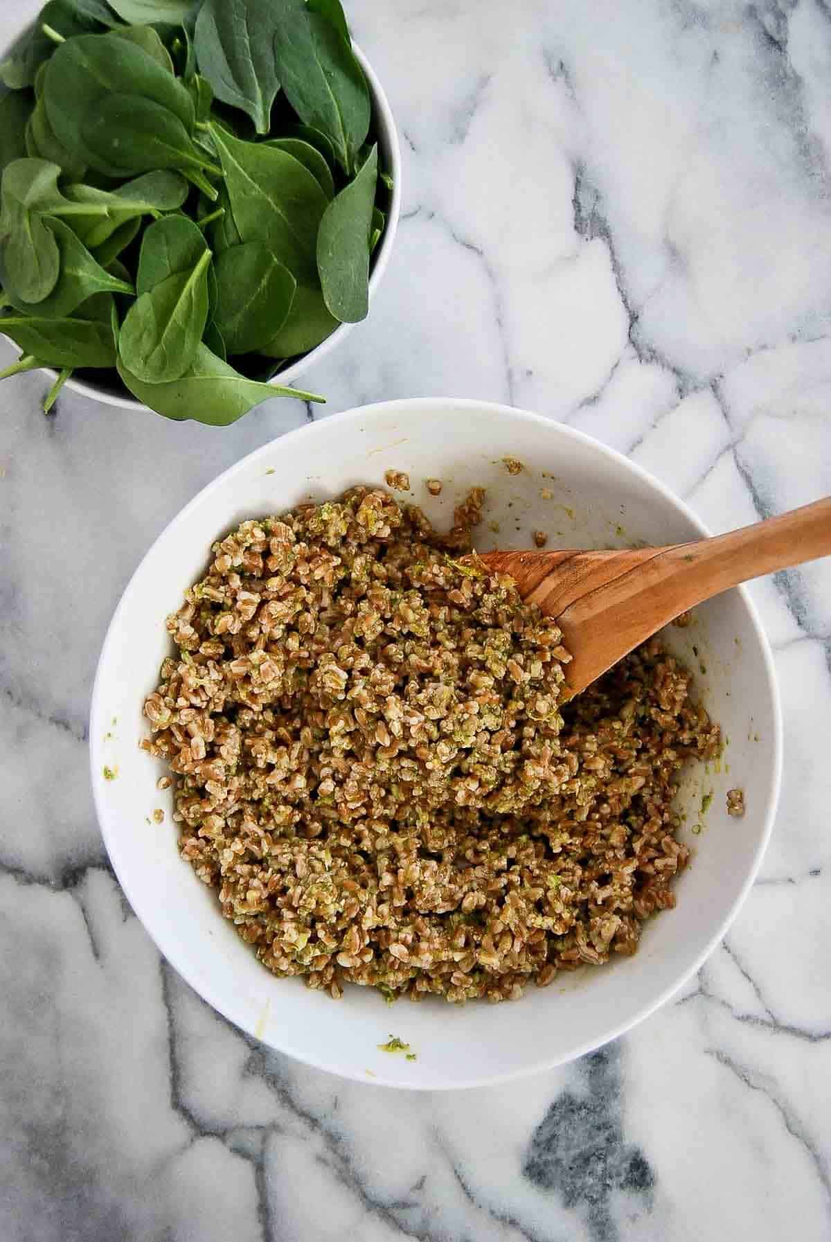 cooked farro with lemon zest, juice and pesto.