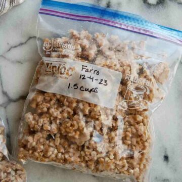 frozen cooked farro in freezer bag, labeled.