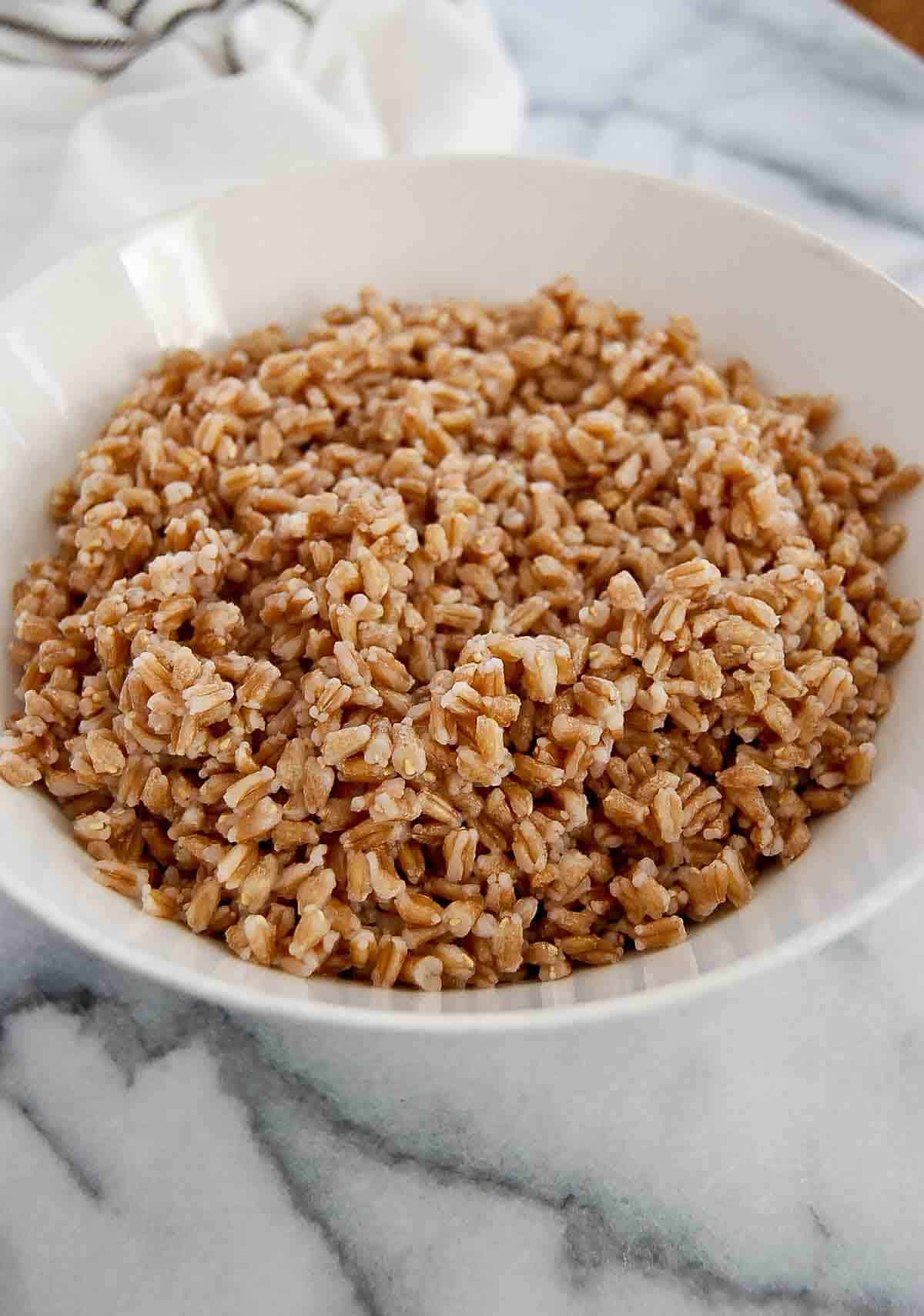 side view of instant pot farro in bowl.