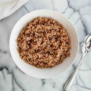 instant pot farro in bowl on countertop.