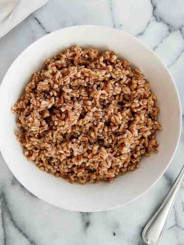 instant pot farro in bowl on countertop.