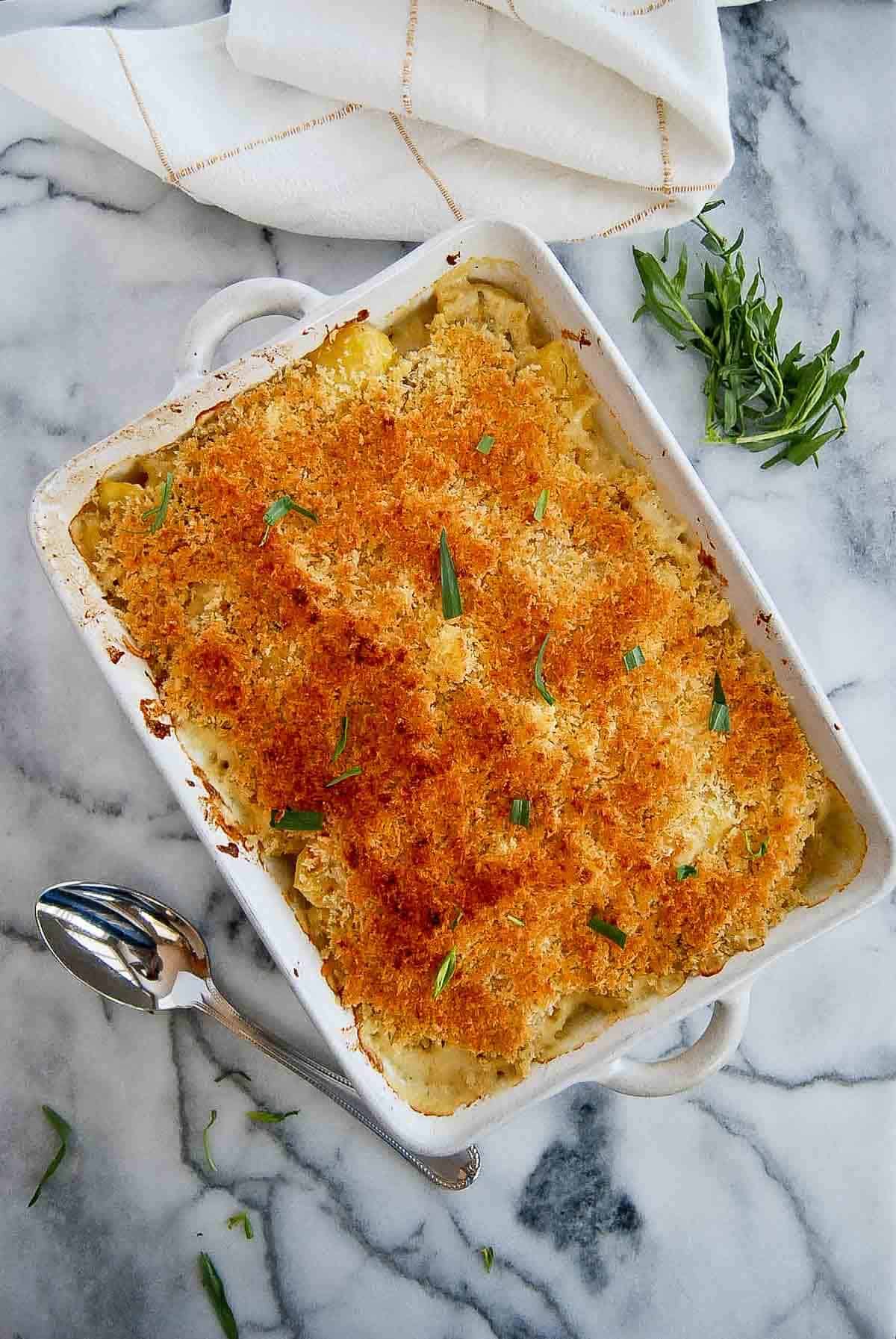 instant pot scalloped potatoes with panko breadcrumb topping.