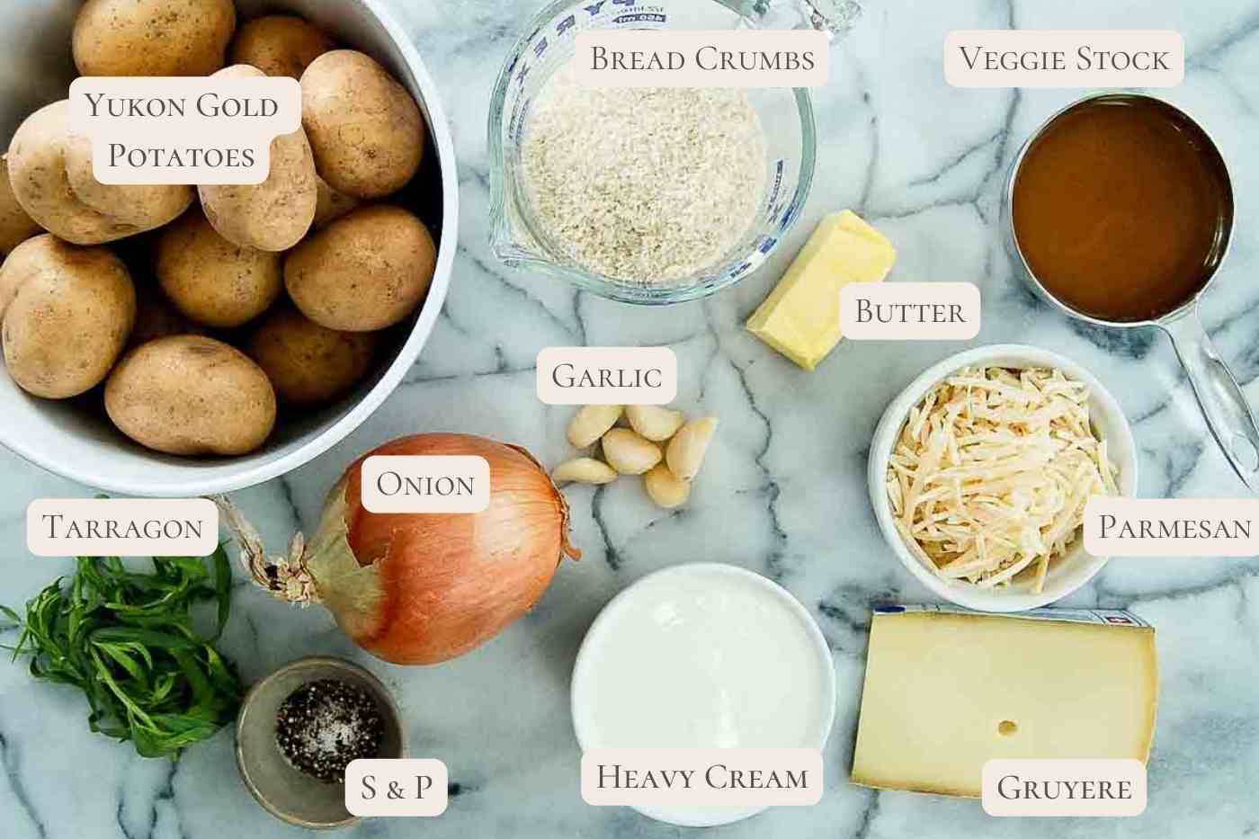 ingredients for instant pot scalloped potatoes on cutting board.