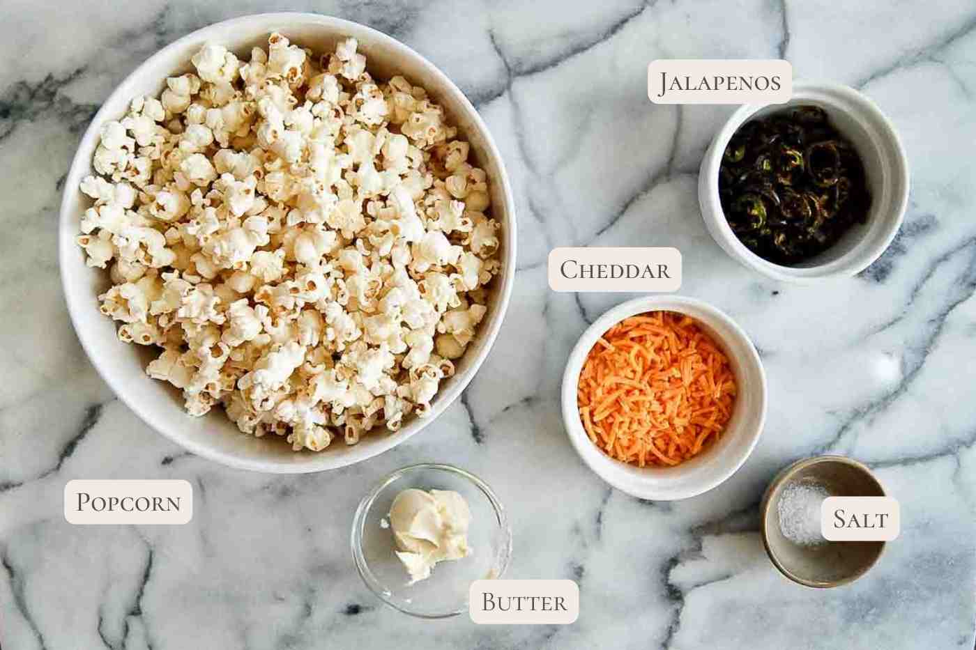 ingredients for jalapeno cheddar popcorn.