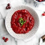 top down view of jalapeno cranberry sauce in serving bowl.