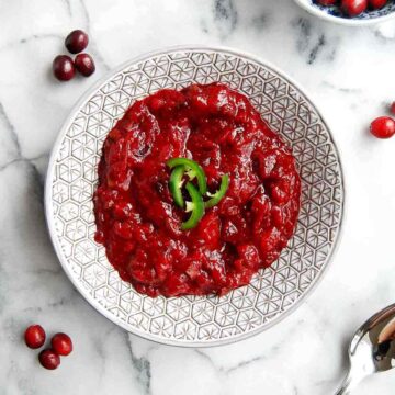 top down view of jalapeno cranberry sauce in serving bowl.