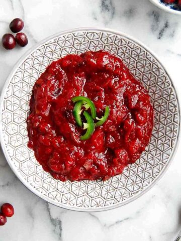 top down view of jalapeno cranberry sauce in serving bowl.