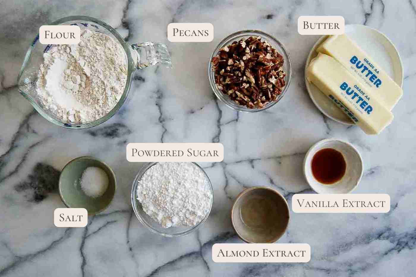 ingredients for mexican cookies on countertop.