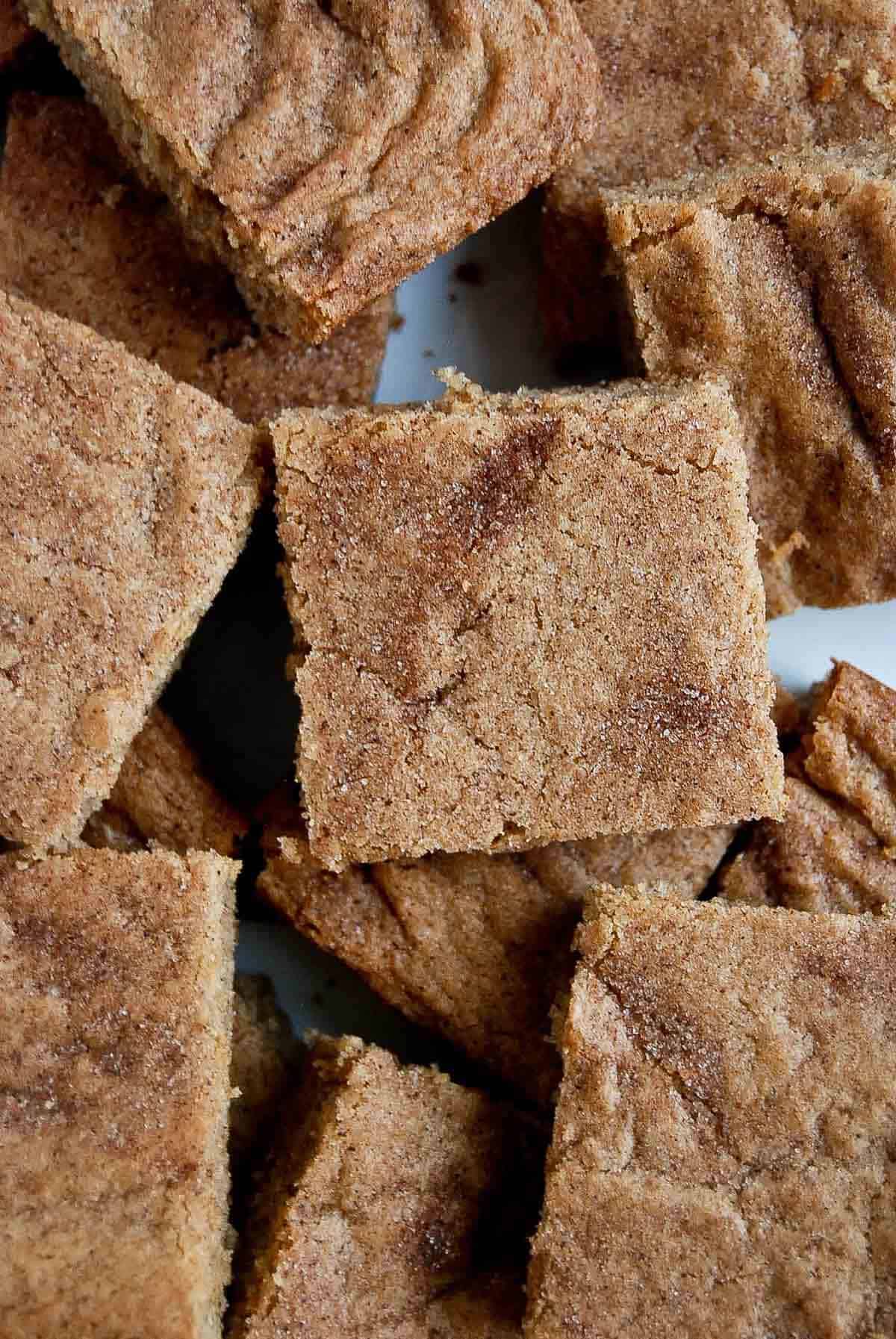 closeup of baked snickerdoodle bars.