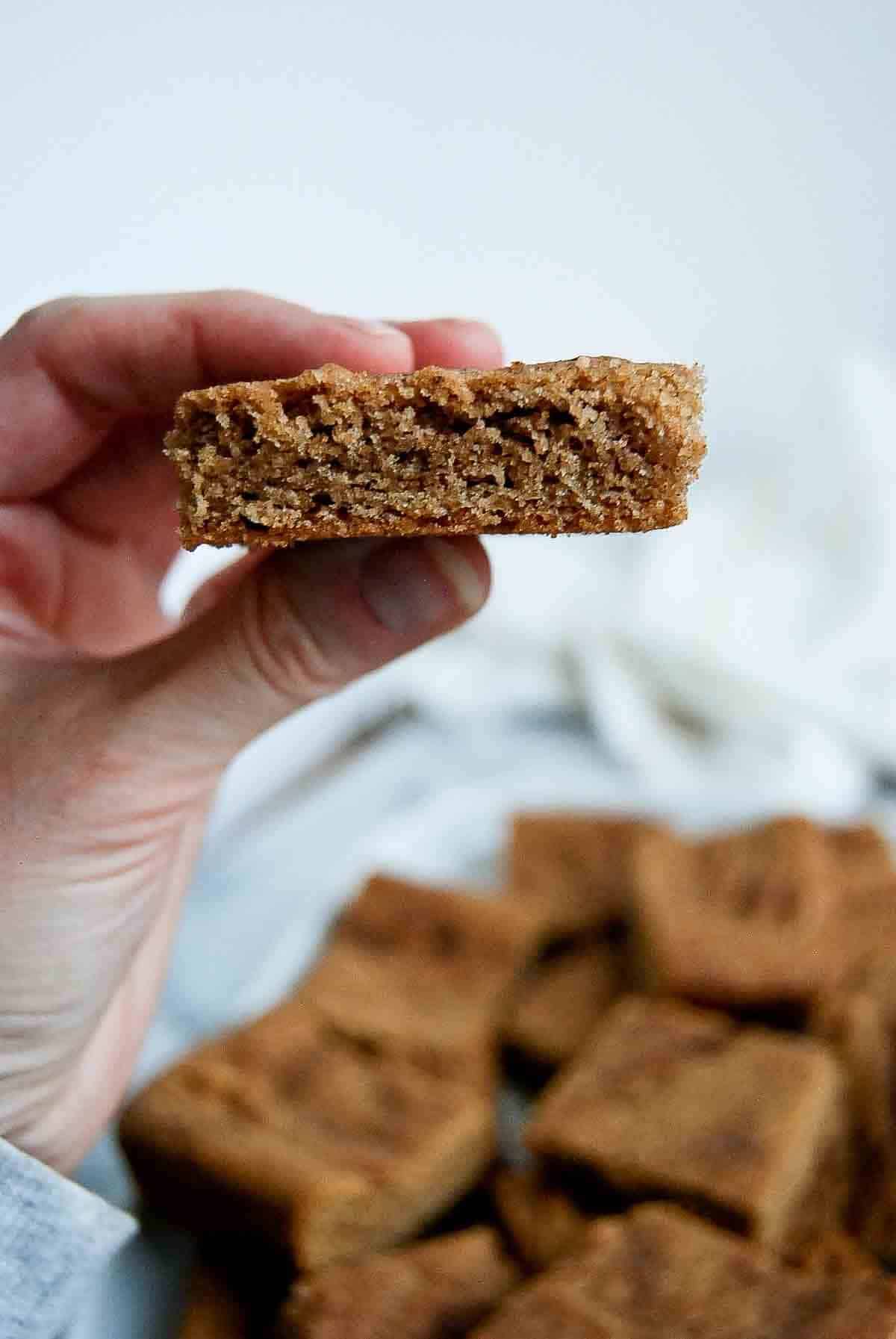 hand holding snickerdoodle cooking bar from the side.