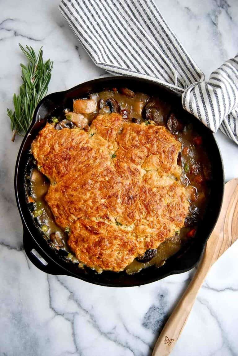 baked chicken cobbler with crusty top.
