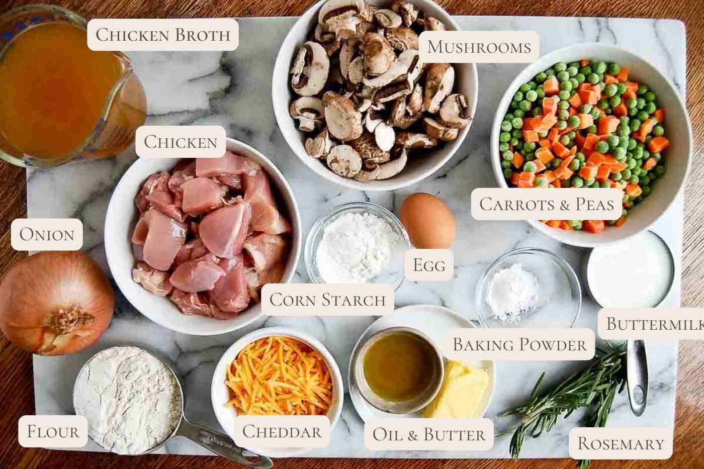 ingredients for chicken cobbler on cutting board.