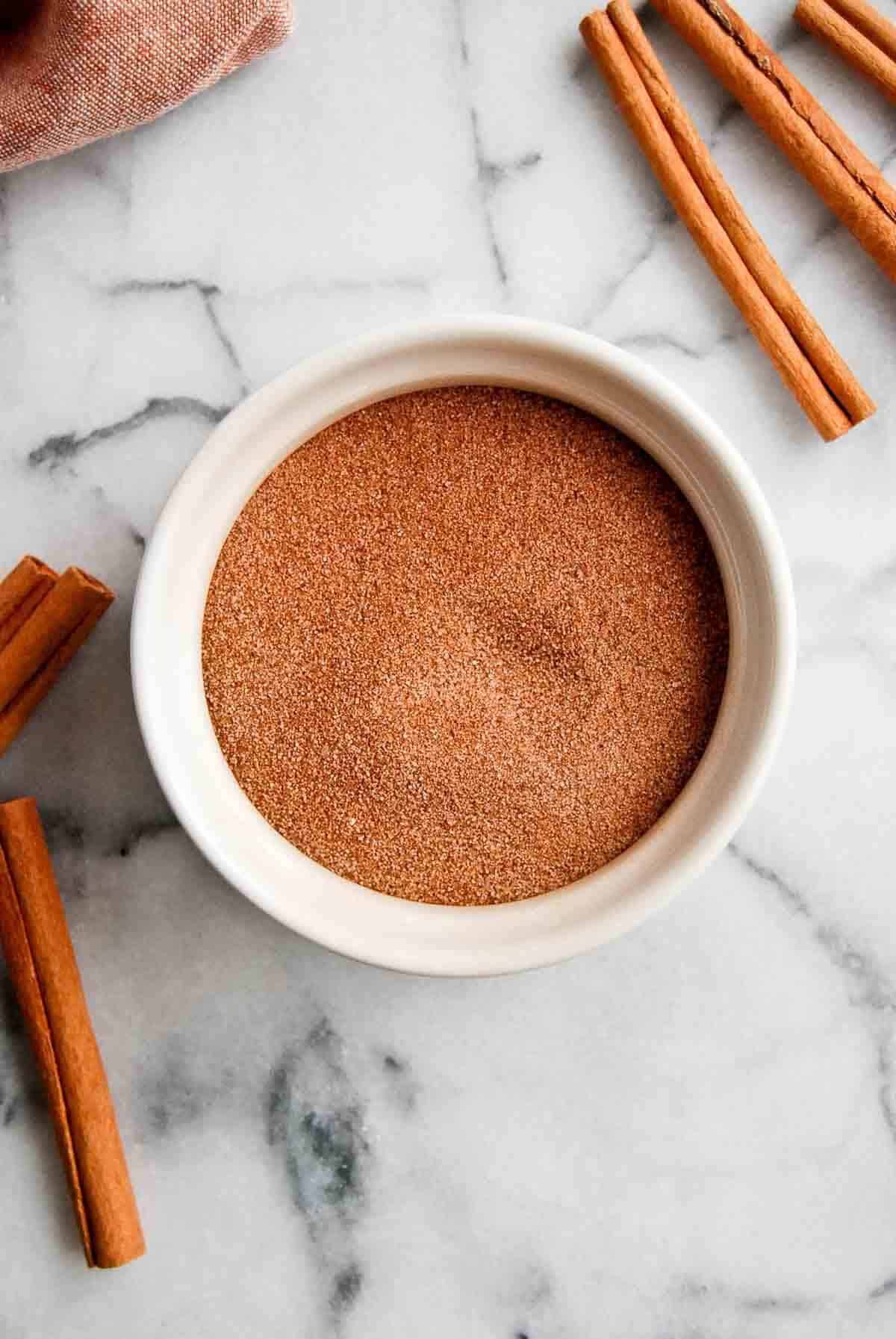 bowl of the perfect cinnamon sugar ratio in bowl on countertop.