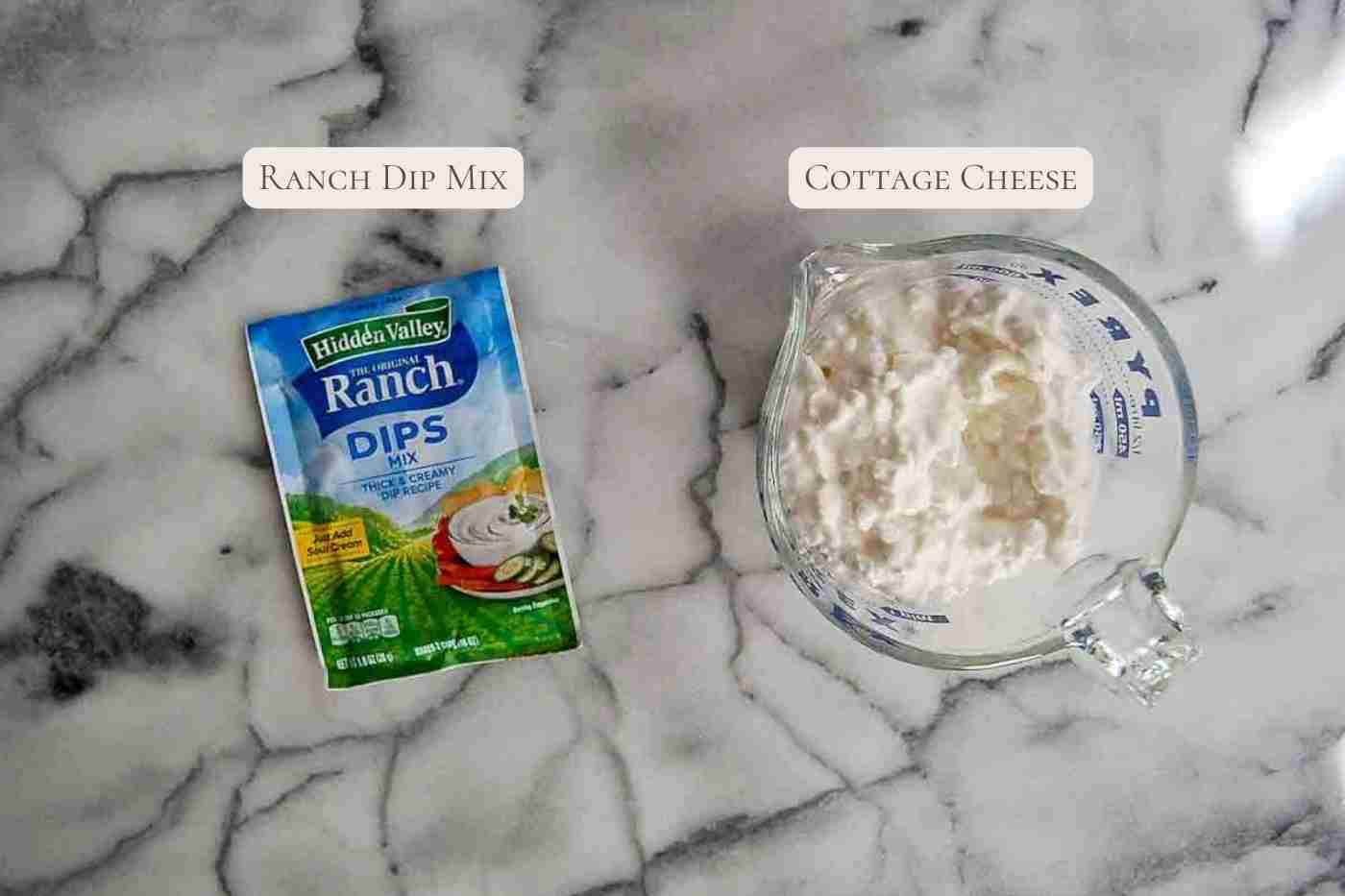 ingredients for cottage cheese ranch dip on countertop.